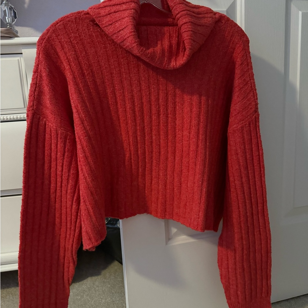 Cropped Red-Orange Turtle Neck Sweater
